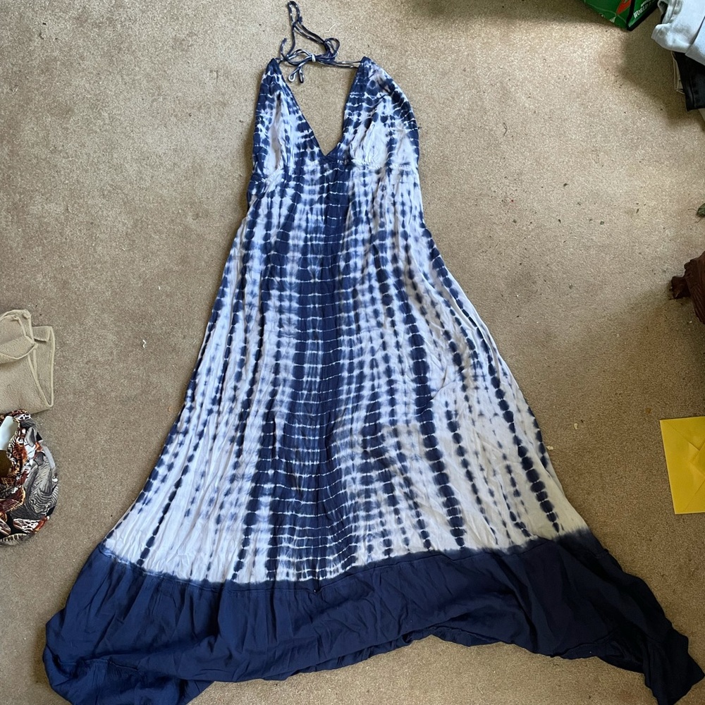 navy and white Romeo and Juliet maxi dress